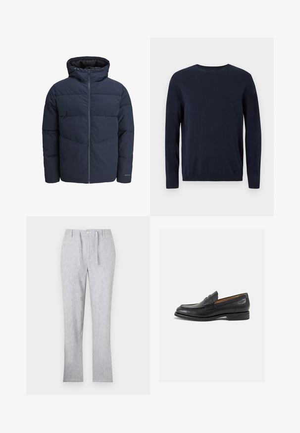 Navy pufferjakke med hette, glidelås foran og chevron søm mønster. Laget av strukturert stoff med elastiske mansjetter og logo detalj.; Marineblå strikkegenser med lange ermer, rund hals og ribbestrikkede mansjetter og nederkant. Har et lite logo på brystet.; Lys grå bukser laget av strukturert stoff, med knappelukking, beltehemper og rett ben-design. Ingen synlige mønstre.; Sorte lær loafers med en glat overflade, rund tå og dekorativ syning på forfoden. Lav stablet hæl og let glans.