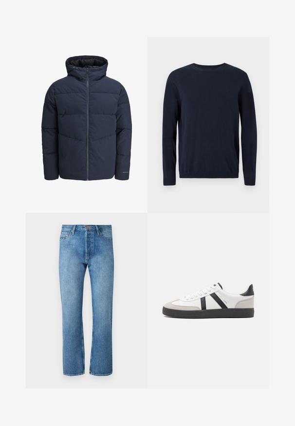 Mornarska puf jakna s kapuco, zadrgo spredaj in chevron vzorcem. Narejena iz teksturiranega blaga z elastičnimi manšetami in logotipom.; Temno modra pletena majica z dolgimi rokavi, krožnim izrezom in rebrastimi manšetami ter robom. Ima majhen logotip na prsih.; Svetlo modri kavbojke s ravnim krojem, ki vključujejo klasičen pet-žepni dizajn, zapiranje z gumbom in kontrastno šivanje.; Bela športna obutev z črnimi in sivo akcenti, z teksturirano sivo kapico za prste, črnim gumijastim podplatom in ravnimi belimi vezalkami. Čista zasnova, minimalistični slog.