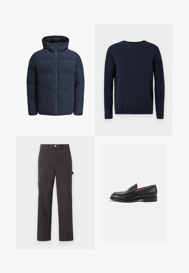 Marineblaue Pufferjacke mit Kapuze, Reißverschluss vorne und Chevron-Nähten. Hergestellt aus strukturiertem Stoff mit elastischen Bündchen und einem Logodetail.; Marineblauer Strickpullover mit langen Ärmeln, Rundhalsausschnitt und gerippten Bündchen sowie Saum. Es hat ein kleines Logo auf der Brust.; Dunkelgraue Baumwollhose mit geradem Bein, ausgestattet mit einem Knopfverschluss vorne und Seitentaschen, aus robustem Stoff gefertigt.; Schwarze Leder Slipper mit glatter Oberfläche, runder Spitze und dekorativer Naht auf dem Vorderblatt. Niedriger Blockabsatz und leichter Glanz.