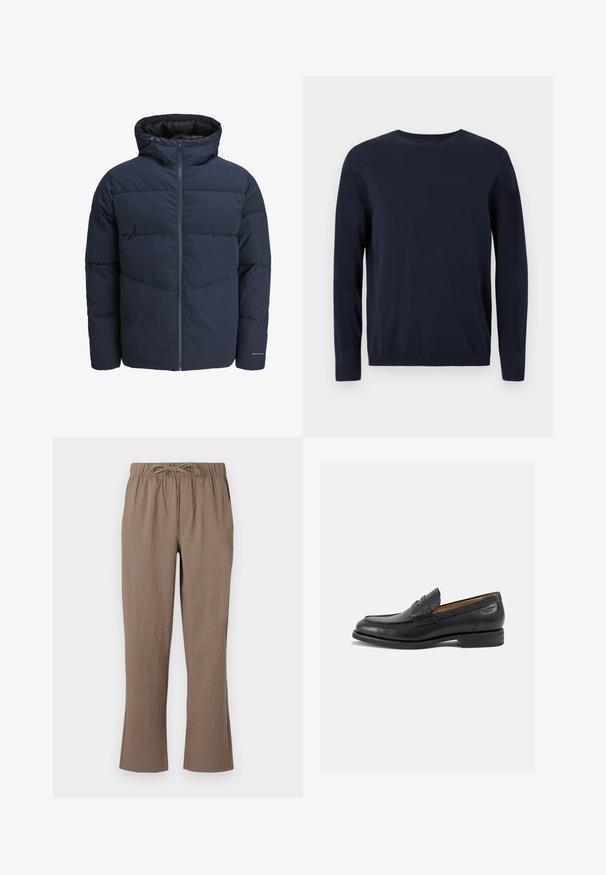 Veste en duvet navy avec capuche, fermeture éclair à l'avant et motif de piqûre en chevrons. Fabriquée en tissu texturé avec des poignets élastiques et un détail de logo.; Pull en maille bleu marine à manches longues, col rond, avec des poignets et un ourlet côtelés. Présente un petit logo sur la poitrine.; Pantalons en coton marron avec une taille à cordon de serrage, une coupe large et une légère évasement aux chevilles ; texture lisse et sans motifs apparents.; Mocassins en cuir noir avec une finition lisse, bout rond et coutures décoratives sur la tige. Talon bas empilé et léger brillant.