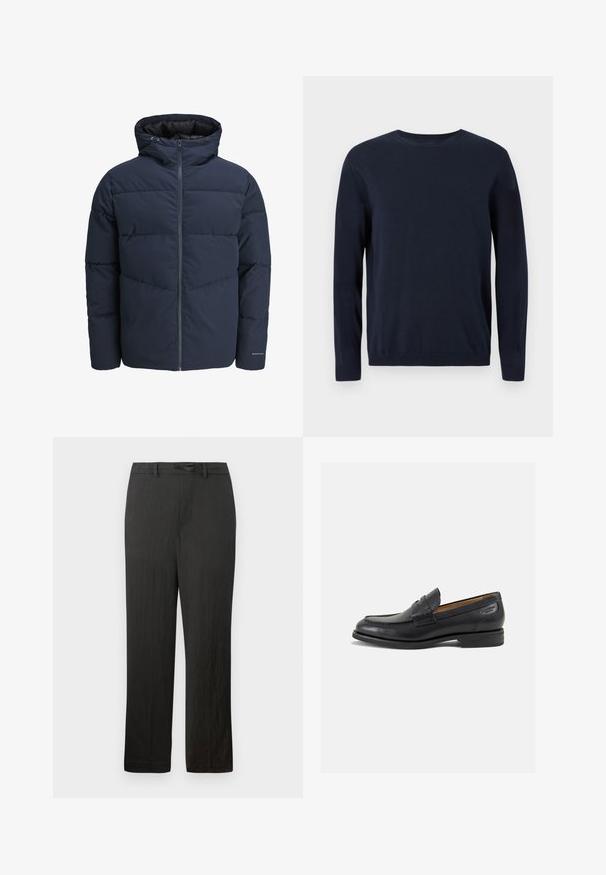 Tamsiai mėlynas pūkinis švarkas su gaubtu, užtrauktuku priekyje ir chevrono raštu. Pagamintas iš tekstūruotos medžiagos su elastinėmis rankovėmis ir logotipo detale.; Tamsiai mėlynas megztinis su ilgomis rankovėmis, apvaliu iškirpimu ir nusmukusiais rankogaliais bei apačia. Ant krūtinės yra mažas logotipas.; Juodi, tiesūs kelnės su lygiu paviršiumi, turinčios raištelių juosmenį ir subtilią, lengvą medžiagą.; Juodi odiniai loafersai su lygiu paviršiumi, apvaliu pirštu ir dekoratyvine siūlė viršuje. Žemas sustiprintas kulnas ir lengvas blizgesys.