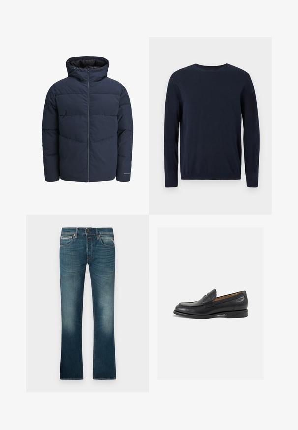 Navy pufferjakke med hette, glidelås foran og chevron søm mønster. Laget av strukturert stoff med elastiske mansjetter og logo detalj.; Marineblå strikkegenser med lange ermer, rund hals og ribbestrikkede mansjetter og nederkant. Har et lite logo på brystet.; Blå denimjeans med en falmet vask, med fem lommer, glidelås og rett ben-design. Stikninger med kontrasttråd.; Sorte lær loafers med en glat overflade, rund tå og dekorativ syning på forfoden. Lav stablet hæl og let glans.
