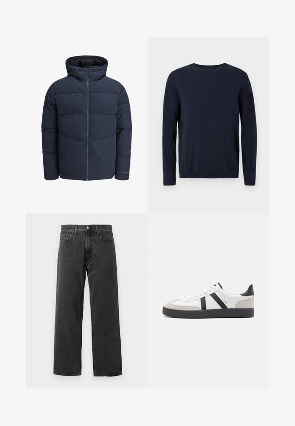 Giacca a vento blu navy con cappuccio, chiusura con zip e motivo a zig-zag. Realizzata in tessuto testurizzato con polsini elasticizzati e dettaglio del logo.; Maglione lavorato a maglia blu navy con maniche lunghe, scollatura a girocollo e polsini e orlo a coste. Presenta un piccolo logo sul petto.; Jeans in denim nero con un design a gamba dritta, stile a cinque tasche e chiusura classica con bottone. Presentano un tessuto leggermente strutturato.; Sneaker bianco con accenti neri e grigi, dotata di una punta grigia testurizzata, suola in gomma nera e lacci bianchi piatti. Design pulito, stile minimalista.