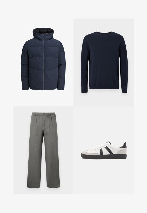 Navy puffer jacket with a hood, zip front, and chevron stitching pattern. Made from textured fabric with elastic cuffs and a logo detail.; Navy blue knitted sweater with long sleeves, crew neckline, and ribbed cuffs and hem. Features a small logo on the chest.; Grey linen trousers with a relaxed fit, elastic waistband, button closure, and straight legs. Smooth texture, minimalistic design.; White sneaker with black and gray accents, featuring a textured gray toe cap, black rubber sole, and flat white laces. Clean design, minimalist style.