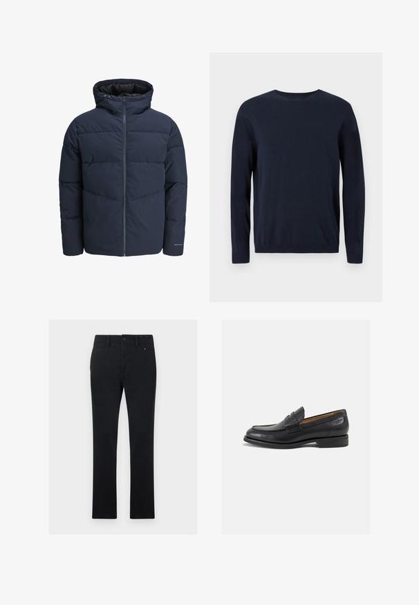 Marineblaue Pufferjacke mit Kapuze, Reißverschluss vorne und Chevron-Nähten. Hergestellt aus strukturiertem Stoff mit elastischen Bündchen und einem Logodetail.; Marineblauer Strickpullover mit langen Ärmeln, Rundhalsausschnitt und gerippten Bündchen sowie Saum. Es hat ein kleines Logo auf der Brust.; Schwarze Baumwollhose mit geradem Schnitt, ausgestattet mit einem Knopf- und Reißverschluss, fünf Taschen und subtilen Nähdetails.; Schwarze Leder Slipper mit glatter Oberfläche, runder Spitze und dekorativer Naht auf dem Vorderblatt. Niedriger Blockabsatz und leichter Glanz.