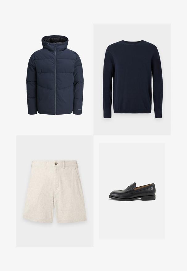 Veste en duvet navy avec capuche, fermeture éclair à l'avant et motif de piqûre en chevrons. Fabriquée en tissu texturé avec des poignets élastiques et un détail de logo.; Pull en maille bleu marine à manches longues, col rond, avec des poignets et un ourlet côtelés. Présente un petit logo sur la poitrine.; Shorts en lin beige clair avec un tissu texturé, dotés d'une fermeture par bouton à l'avant, de deux poches latérales et d'un design ajusté.; Mocassins en cuir noir avec une finition lisse, bout rond et coutures décoratives sur la tige. Talon bas empilé et léger brillant.