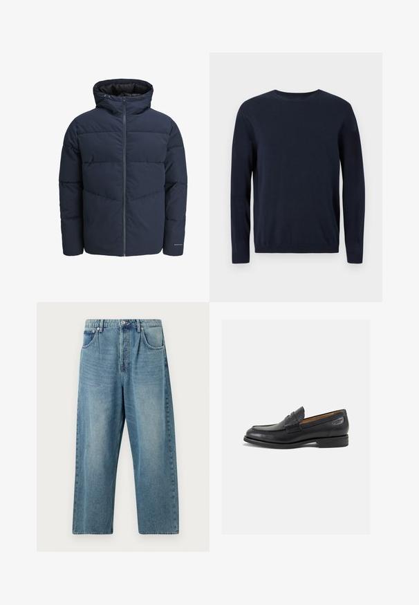 Mornarica puffer jakna s kapuljačom, zatvaranjem na zip i šavnim uzorkom u obliku chevrona. Izrađena od teksturirane tkanine s elastinim manžetama i detaljem s logotipom.; Mornarsko plava pletena majica dugih rukava, sa okruglim izrezom i rebrastim manžetama i donjim rubom. Sadrži mali logo na prsima.; Svijetloplave traperice ravnog kroja, s kopčanjem na gumbe, dva prednja džepa i klasičnom izblijedjelom teksturom.; Crne kožne loferice s glatkom površinom, zaobljenim vrhom i dekorativnim šavom na gornjem dijelu. Nizak potplat s malim potpeticama i blagi sjaj.