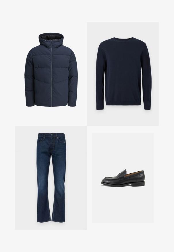 Námořnická puffer bunda s kapucí, zipem vpředu a šikmým švem. Vyrobena z texturované látky s elastickými manžetami a detailem loga.; Námořnický modrý pletený svetr s dlouhými rukávy, kulatým výstřihem a ribbovanými manžetami a lemem. Má malé logo na hrudi.; Tmavě modré džíny z denimu se střihem rovného nohavice, obsahující pět kapes, poutka na pásek a kontrastní švy.; Černé kožené mokasíny s hladkým povrchem, zaoblenou špičkou a dekorativním prošíváním na svršku. Nízký podpatka a mírný lesk.