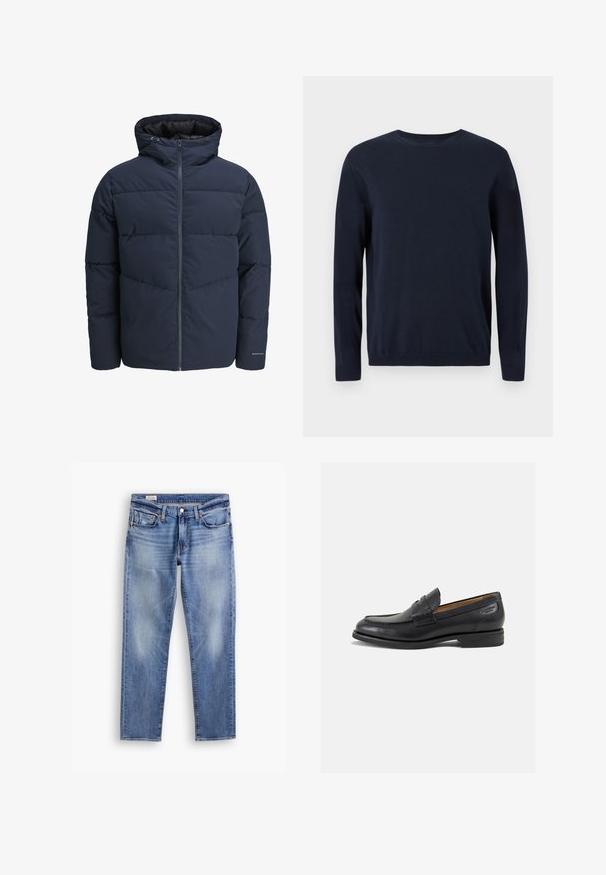 Navy pufferjakke med hette, glidelås foran og chevron søm mønster. Laget av strukturert stoff med elastiske mansjetter og logo detalj.; Marineblå strikkegenser med lange ermer, rund hals og ribbestrikkede mansjetter og nederkant. Har et lite logo på brystet.; Lyse blå denimjeans med rette ben, med falmede områder, fem-lomme-design og kobber-nagler. Standard knappelukking i liv.; Sorte lær loafers med en glat overflade, rund tå og dekorativ syning på forfoden. Lav stablet hæl og let glans.