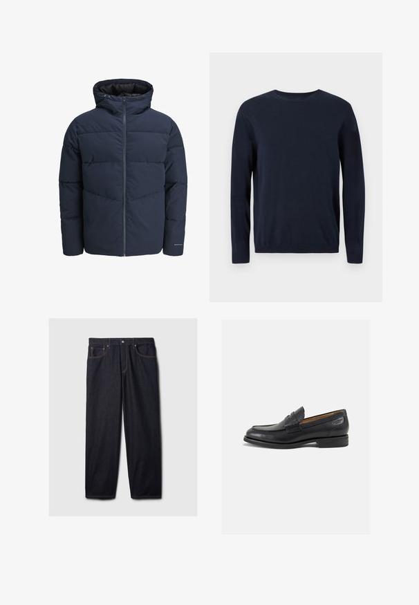 Jūras spēku stila pūkains džemperis ar kapuci, ar rāvējslēdzēju priekšpusē un ķevrona šuvju rakstu. Izgatavots no teksturēta auduma, ar elastīgām aprocēm un logotipa detalizāciju.; Tumši zila adīta džemperis ar garām piedurknēm, apaļu kakla izgriezumu un ribotiem piedurkņu galiem un apakšmalu. Uz krūtīm ir neliels logo.; Tumši džinsi ar taisnu piegriezumu, ar pogu un rāvējslēdzēju, divām priekšējām kabatām un kontrastējošām oranžām šuvēm.; Melnas ādas loafers ar gludu apdari, noapaļotu purngalu un dekoratīvām šuvēm uz virsu. Zems, sakrauta papēža un neliels spīdums.
