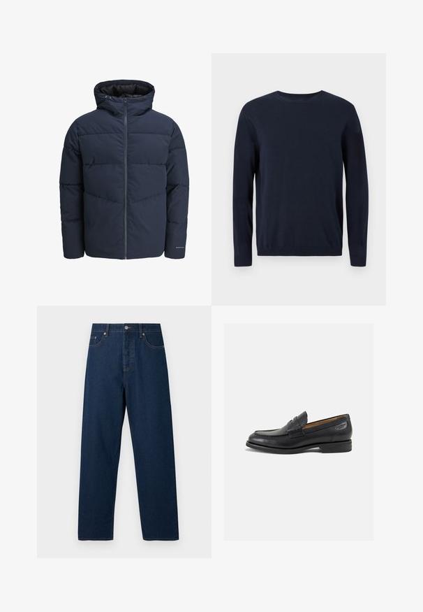 Marineblå pufferjakke med hætte, lynlås foran og chevron syning mønster. Lavet af tekstureret stof med elastiske manchetter og logo detaljer.; Marineblå strikket sweater med lange ærmer, rund halsudskæring og ribbede manchetter og kant. Har et lille logo på brystet.; Mørkeblå denim jeans med lige snit, fem lommer og knaplukning. Har kontrastsy, og en klassisk linning.; Sorte læder loafers med en glat finish, rund tå og dekorativ syning på vampen. Lav stablet hæl og let glans.