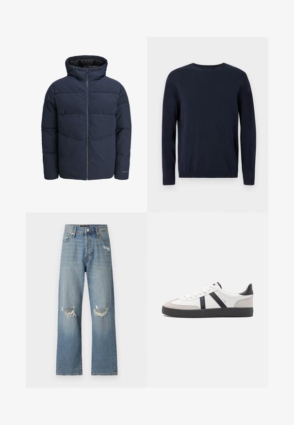 Jūras spēku stila pūkains džemperis ar kapuci, ar rāvējslēdzēju priekšpusē un ķevrona šuvju rakstu. Izgatavots no teksturēta auduma, ar elastīgām aprocēm un logotipa detalizāciju.; Tumši zila adīta džemperis ar garām piedurknēm, apaļu kakla izgriezumu un ribotiem piedurkņu galiem un apakšmalu. Uz krūtīm ir neliels logo.; Gai zila džinsu bikses ar taisnu kāju dizainu. Tām ir divi plīsumi ceļgalos un klasiskā rāvējslēdzēju aizdare ar pogu.; Baltas sneakeris ar melniem un pelēkiem akcentiem, kuram ir teksturēts pelēks purngals, melna gumijas zole un plakanas baltas šņores. Tīrs dizains, minimālisma stils.