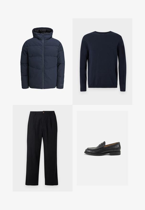 Chaqueta acolchada azul marino con capucha, cierre de cremallera y patrón de costura en forma de chevrón. Fabricada con un tejido texturizado, cuenta con puños elásticos y un detalle de logo.; Jersey de punto azul marino con mangas largas, cuello redondo y puños y dobladillo de canalé. Presenta un pequeño logotipo en el pecho.; Pantalones negros fabricados con una tela ligera, con un frente plisado, perneras rectas y un solo botón marrón en la cintura.; Mocasines de cuero negro con un acabado suave, punta redondeada y costuras decorativas en la parte superior. Tacón bajo apilado y un ligero brillo.
