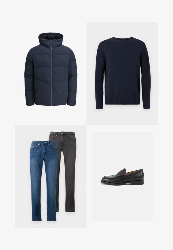 Jachetă puffer de culoare bleumarin cu glugă, închidere cu fermoar pe față și model de cusături în formă de V. Fabricată dintr-un material texturat, cu manșete elastice și detalii cu logo.; Pulover tricotat bleumarin, cu mâneci lungi, decolteu tip crew și manșete și tiv cu nervuri. Prezintă un mic logo pe piept.; Două perechi de blugi: una de un albastru mediu cu un finisaj uzat, cealaltă de un gri închis cu o textură netedă. Ambele au o croială dreaptă și cinci buzunare.; Mocasini din piele neagră cu o finisare netedă, vârf rotund și cusături decorative pe partea superioară. Toc mic și stivuit, cu o ușoară strălucire.