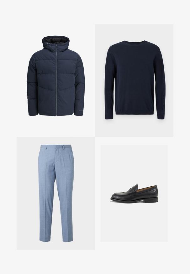 Navy puffer jacket with a hood, zip front, and chevron stitching pattern. Made from textured fabric with elastic cuffs and a logo detail.; Navy blue knitted sweater with long sleeves, crew neckline, and ribbed cuffs and hem. Features a small logo on the chest.; Light blue tailored trousers with a textured finish, tailored design, and straight leg. Features front pockets and belt loops.; Black leather loafers with a smooth finish, rounded toe, and decorative stitching on the vamp. Low stacked heel and slight shine.