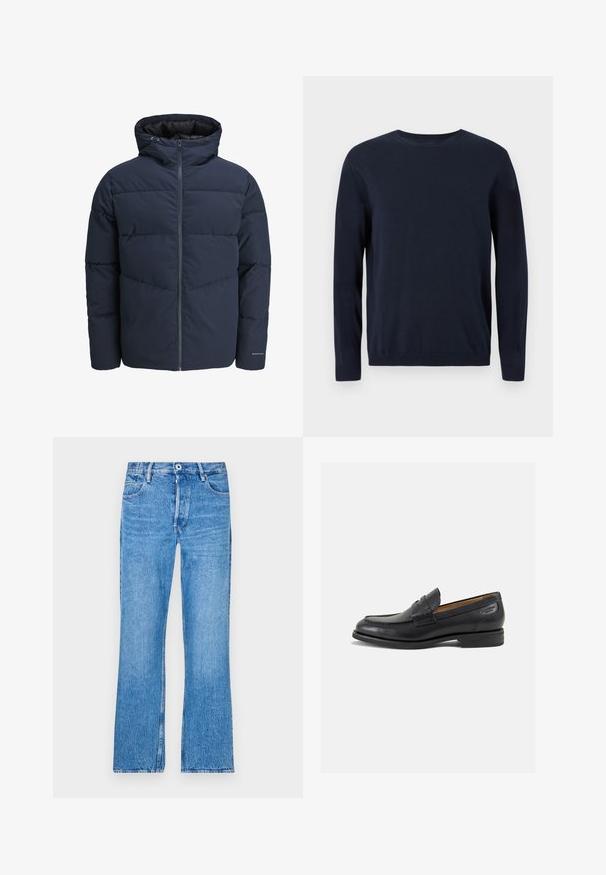 Navy pufferjakke med hette, glidelås foran og chevron søm mønster. Laget av strukturert stoff med elastiske mansjetter og logo detalj.; Marineblå strikkegenser med lange ermer, rund hals og ribbestrikkede mansjetter og nederkant. Har et lite logo på brystet.; Blå, rette jeans laget av denim med en falmet vask. Har knapppakning, beltehemper og standard fem-lommers design.; Sorte lær loafers med en glat overflade, rund tå og dekorativ syning på forfoden. Lav stablet hæl og let glans.