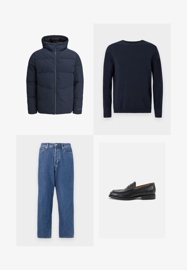 Meripihkalaavun takki hupulla, vetoketjulla ja chevron-niittykuviolla. Valmistettu teksturoidusta kankaasta, jossa on joustavat hihansuut ja logoyksityiskohta.; Tummansininen neulepaita, jossa on pitkät hihat, pyöreä kaula-aukko sekä ribbaus hihansuissa ja helmassa. Paitaa koristaa pieni logo rinnassa.; Sininen farkkuhousut, joissa on löysä malli, viisi taskua ja etupainike. Kangas näyttää haalistuneelta pesulta, jossa on hienovarainen rakenne.; Mustat nahkaloaferit, joissa on sileä pinta, pyöreä varvas ja koristeompeleet varpaansuojassa. Matala pinottu korko ja hieno kiilto.