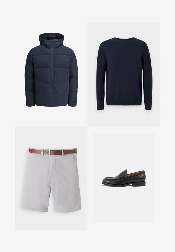 Jūras spēku stila pūkains džemperis ar kapuci, ar rāvējslēdzēju priekšpusē un ķevrona šuvju rakstu. Izgatavots no teksturēta auduma, ar elastīgām aprocēm un logotipa detalizāciju.; Tumši zila adīta džemperis ar garām piedurknēm, apaļu kakla izgriezumu un ribotiem piedurkņu galiem un apakšmalu. Uz krūtīm ir neliels logo.; Gaiši pelēki šorti, kas izgatavoti no kokvilnas maisījuma auduma, ar brūnu ādas jostu, sānu kabatām un brīvu piegriezumu.; Melnas ādas loafers ar gludu apdari, noapaļotu purngalu un dekoratīvām šuvēm uz virsu. Zems, sakrauta papēža un neliels spīdums.