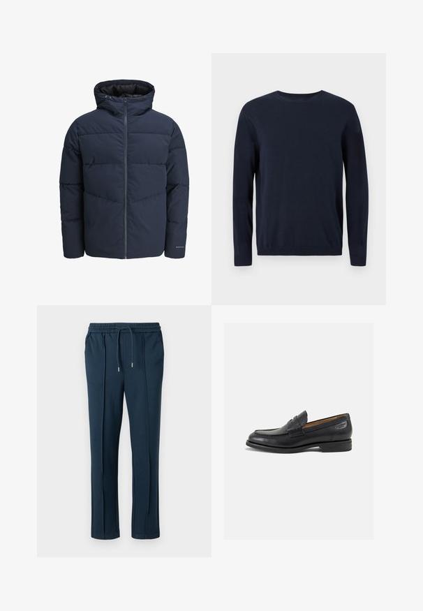 Marineblå pufferjakke med hætte, lynlås foran og chevron syning mønster. Lavet af tekstureret stof med elastiske manchetter og logo detaljer.; Marineblå strikket sweater med lange ærmer, rund halsudskæring og ribbede manchetter og kant. Har et lille logo på brystet.; Marineblå bukser med elastisk talje og snoretræk. Har sidelommer og et lige ben-design med en glat tekstur.; Sorte læder loafers med en glat finish, rund tå og dekorativ syning på vampen. Lav stablet hæl og let glans.