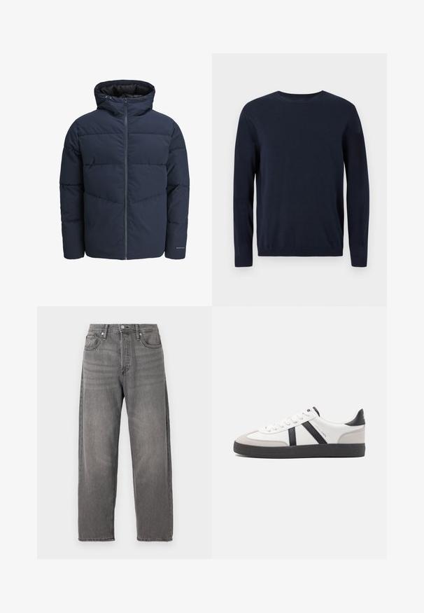 Meripihkalaavun takki hupulla, vetoketjulla ja chevron-niittykuviolla. Valmistettu teksturoidusta kankaasta, jossa on joustavat hihansuut ja logoyksityiskohta.; Tummansininen neulepaita, jossa on pitkät hihat, pyöreä kaula-aukko sekä ribbaus hihansuissa ja helmassa. Paitaa koristaa pieni logo rinnassa.; Harmaat farkut löysällä leikkauksella, suorat lahkeet, viisi taskua ja metallinen nappikiinnitys. Sisältää haalistuneen pinnan ja hillittyä ommelta.; Valkoiset lenkkarit mustilla ja harmailla yksityiskohdilla, joissa on teksturoitu harmaa kärki, musta kumipohja ja litteät valkoiset nauhat. Siisti muotoilu, minimalistinen tyyli.