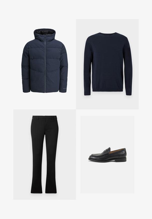 Mornarska puf jakna s kapuco, zadrgo spredaj in chevron vzorcem. Narejena iz teksturiranega blaga z elastičnimi manšetami in logotipom.; Temno modra pletena majica z dolgimi rokavi, krožnim izrezom in rebrastimi manšetami ter robom. Ima majhen logotip na prsih.; Črne hlače iz gladkega materiala, z ravnim krojem in rahlim razširjenjem ob robu, sprednjim gumbom na zapenjanju in zankami za pas.; Črne usnjene loafers cipele z gladko površino, zaobljenim nosom in dekorativnim šivom na vampu. Nizek zloženi peti in rahla sijaj.