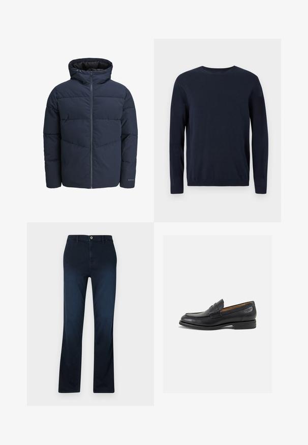 Sötétkék puffajacket kapucnival, cipzáros elülső résszel és chevron mintázattal. Texturált anyagból készült, rugalmas mandzsettákkal és logórészlettel.; Sötétkék kötött pulóver hosszú ujjal, kerek nyakkal, bordázott mandzsettával és szegéllyel. Kicsi logó található a mellkason.; Sötétkék egyenes szabású farmernadrág, cipzáras záródással, övhurkokkal és egyetlen elülső zsebbel, kontrasztos varrási részletekkel.; Fekete bőr loaferek sima felülettel, lekerekített orral és díszítő varrással a lábfejen. Alacsony, réteges sarkú és enyhe fényű.