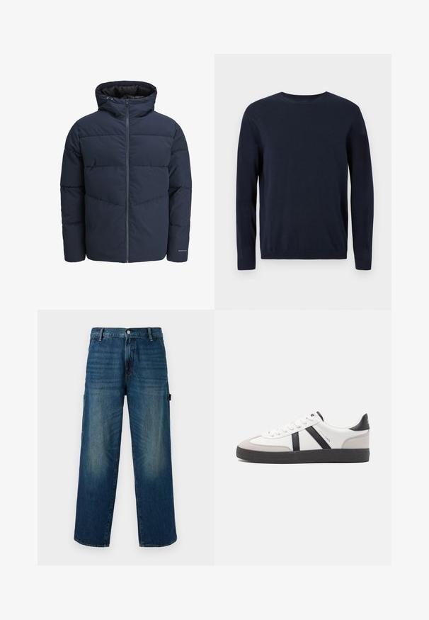 Veste en duvet navy avec capuche, fermeture éclair à l'avant et motif de piqûre en chevrons. Fabriquée en tissu texturé avec des poignets élastiques et un détail de logo.; Pull en maille bleu marine à manches longues, col rond, avec des poignets et un ourlet côtelés. Présente un petit logo sur la poitrine.; Pantalon en denim bleu à jambe large avec des accents délavés, doté d'une fermeture bouton et zip traditionnelle, et d'une poche latérale à gauche.; Baskets blanches avec des accents noirs et gris, présentant un embout texturé gris, une semelle en caoutchouc noir et des lacets plats blancs. Design épuré, style minimaliste.