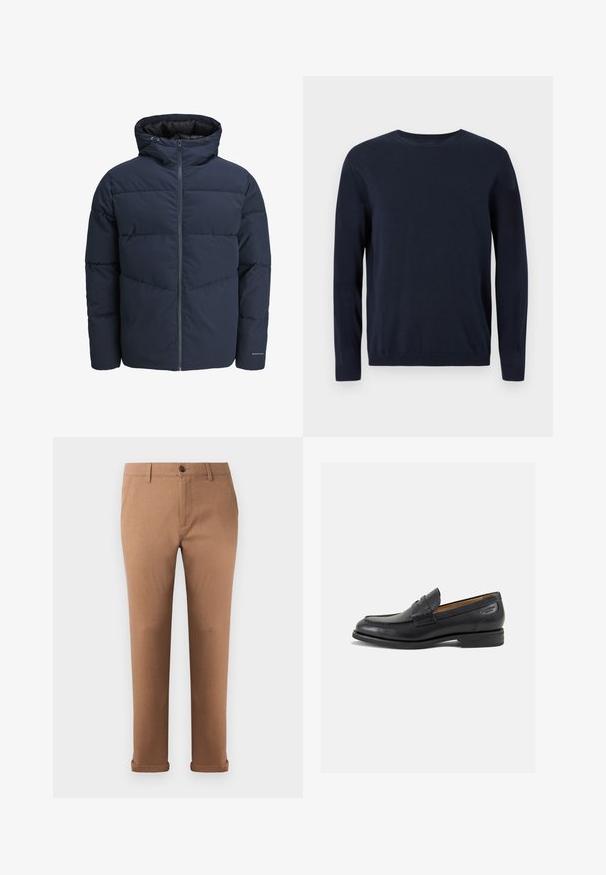 Tamsiai mėlynas pūkinis švarkas su gaubtu, užtrauktuku priekyje ir chevrono raštu. Pagamintas iš tekstūruotos medžiagos su elastinėmis rankovėmis ir logotipo detale.; Tamsiai mėlynas megztinis su ilgomis rankovėmis, apvaliu iškirpimu ir nusmukusiais rankogaliais bei apačia. Ant krūtinės yra mažas logotipas.; Rudos medvilnės kelnės su tiesiu siluetu, turinčios priekinį mygtuko užsegimą, diržo kilpas ir suktus sijonus prie hem.; Juodi odiniai loafersai su lygiu paviršiumi, apvaliu pirštu ir dekoratyvine siūlė viršuje. Žemas sustiprintas kulnas ir lengvas blizgesys.