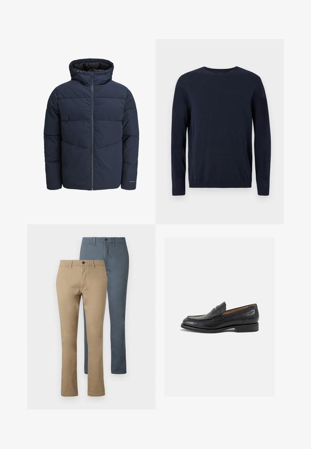 Námořnická puffer bunda s kapucí, zipem vpředu a šikmým švem. Vyrobena z texturované látky s elastickými manžetami a detailem loga.; Námořnický modrý pletený svetr s dlouhými rukávy, kulatým výstřihem a ribbovanými manžetami a lemem. Má malé logo na hrudi.; Dva páry kalhot s rovnými nohavicemi: jedny v khaki a jedny v tmavě modré. Jsou vyrobeny z bavlny; mají pas a zapínání na knoflík.; Černé kožené mokasíny s hladkým povrchem, zaoblenou špičkou a dekorativním prošíváním na svršku. Nízký podpatka a mírný lesk.