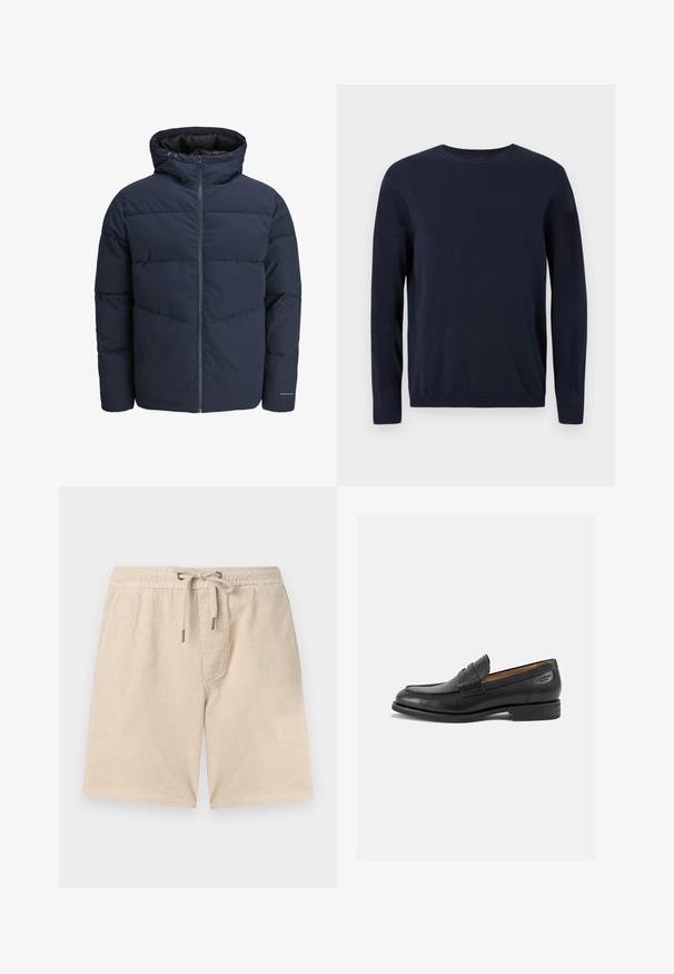 Marineblaue Pufferjacke mit Kapuze, Reißverschluss vorne und Chevron-Nähten. Hergestellt aus strukturiertem Stoff mit elastischen Bündchen und einem Logodetail.; Marineblauer Strickpullover mit langen Ärmeln, Rundhalsausschnitt und gerippten Bündchen sowie Saum. Es hat ein kleines Logo auf der Brust.; Beige Cordurshorts mit einem elastischen Taillenbund, Kordelzugverschluss und seitlichen Taschen; zeichnen sich durch eine vertikale Rippstruktur aus.; Schwarze Leder Slipper mit glatter Oberfläche, runder Spitze und dekorativer Naht auf dem Vorderblatt. Niedriger Blockabsatz und leichter Glanz.