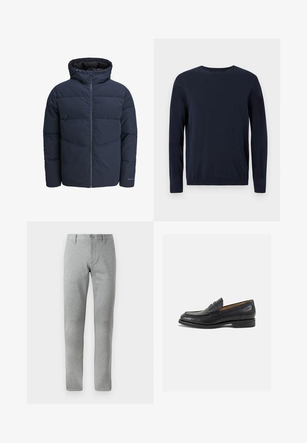 Giacca a vento blu navy con cappuccio, chiusura con zip e motivo a zig-zag. Realizzata in tessuto testurizzato con polsini elasticizzati e dettaglio del logo.; Maglione lavorato a maglia blu navy con maniche lunghe, scollatura a girocollo e polsini e orlo a coste. Presenta un piccolo logo sul petto.; Pantaloni grigi a gamba dritta realizzati in tessuto strutturato. Presentano una chiusura con bottone, passanti per la cintura e tasche laterali per funzionalità.; Mocassini in pelle nera con finitura liscia, punta arrotondata e cuciture decorative sulla tomaia. Tacco basso impilato e leggero lucido.