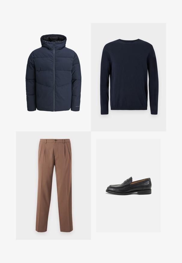 Tumesinine puhvpusa, millel on kapuuts, lukuga ees ja chevroni tikandi muster. Valmistatud tekstuursetest kangast, millel on elastsed mansetid ja logodetail.; Tumedat sinise värvi kootud sviiter pikkade varrukatega, ringkaelusega ning ribidega mansettide ja alläärega. Ees on väike logo.; Pruunid pleidiga püksid otsejoonisega disainiga, ühekordse nööbikinnitusega ja sileda, tekstuuriga kangaga.; Mustad mustad nahast loafers, sujuva viimistlusega, ümar sirge ja dekoratiivne tikand peal. Madal ja kergelt kuhjatud konts ning kerge läige.