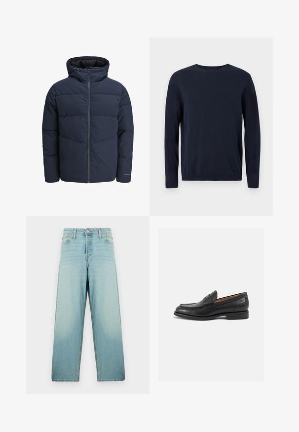 Tamsiai mėlynas pūkinis švarkas su gaubtu, užtrauktuku priekyje ir chevrono raštu. Pagamintas iš tekstūruotos medžiagos su elastinėmis rankovėmis ir logotipo detale.; Tamsiai mėlynas megztinis su ilgomis rankovėmis, apvaliu iškirpimu ir nusmukusiais rankogaliais bei apačia. Ant krūtinės yra mažas logotipas.; Šviesiai mėlynos plačios kojos džinsai, pagaminti iš denimo su išblukusiu apdaila. Pirmas užsegimas mygtuku ir penkių kišenių dizainas.; Juodi odiniai loafersai su lygiu paviršiumi, apvaliu pirštu ir dekoratyvine siūlė viršuje. Žemas sustiprintas kulnas ir lengvas blizgesys.