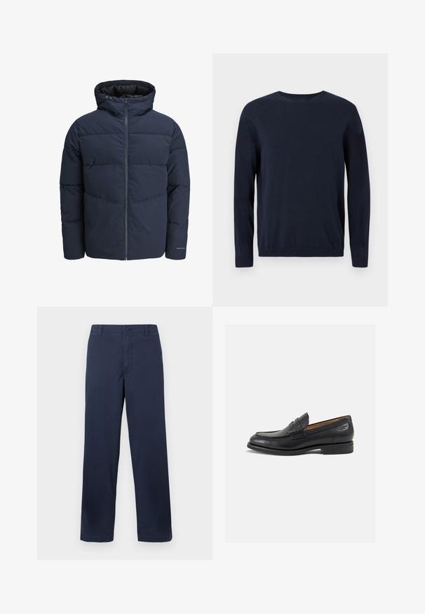 Jachetă puffer de culoare bleumarin cu glugă, închidere cu fermoar pe față și model de cusături în formă de V. Fabricată dintr-un material texturat, cu manșete elastice și detalii cu logo.; Pulover tricotat bleumarin, cu mâneci lungi, decolteu tip crew și manșete și tiv cu nervuri. Prezintă un mic logo pe piept.; Pantaloni din bumbac bleu marin cu un design drept, având închidere frontală cu nasture, bucle pentru curea și o textură netedă.; Mocasini din piele neagră cu o finisare netedă, vârf rotund și cusături decorative pe partea superioară. Toc mic și stivuit, cu o ușoară strălucire.