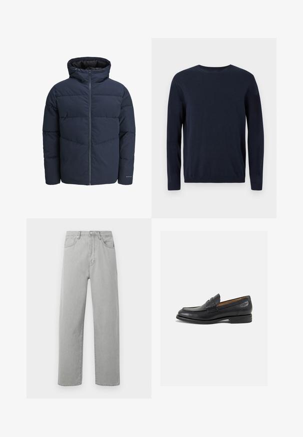 Giacca a vento blu navy con cappuccio, chiusura con zip e motivo a zig-zag. Realizzata in tessuto testurizzato con polsini elasticizzati e dettaglio del logo.; Maglione lavorato a maglia blu navy con maniche lunghe, scollatura a girocollo e polsini e orlo a coste. Presenta un piccolo logo sul petto.; Jeans dritti grigio chiaro con cinque tasche, zip e chiusura a bottone, esposti su uno sfondo bianco.; Mocassini in pelle nera con finitura liscia, punta arrotondata e cuciture decorative sulla tomaia. Tacco basso impilato e leggero lucido.