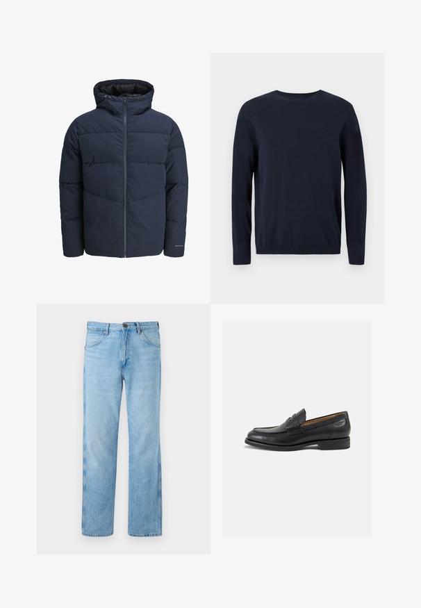 Navy pufferjakke med hette, glidelås foran og chevron søm mønster. Laget av strukturert stoff med elastiske mansjetter og logo detalj.; Marineblå strikkegenser med lange ermer, rund hals og ribbestrikkede mansjetter og nederkant. Har et lite logo på brystet.; Lyseblå rettlånede jeans laget av denim, med klassisk fem-lommer design, søm detaljering, og metall knapp lukking.; Sorte lær loafers med en glat overflade, rund tå og dekorativ syning på forfoden. Lav stablet hæl og let glans.