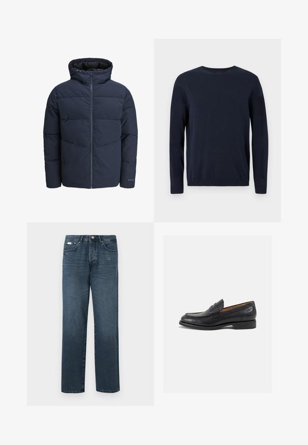 Mornarska puf jakna s kapuco, zadrgo spredaj in chevron vzorcem. Narejena iz teksturiranega blaga z elastičnimi manšetami in logotipom.; Temno modra pletena majica z dolgimi rokavi, krožnim izrezom in rebrastimi manšetami ter robom. Ima majhen logotip na prsih.; Temno modri džins hlače z ravnim krojem, petimi žepi, obrobo za pas in zadrgo. Gladek material z nežnimi podrobnostmi zbledenja.; Črne usnjene loafers cipele z gladko površino, zaobljenim nosom in dekorativnim šivom na vampu. Nizek zloženi peti in rahla sijaj.