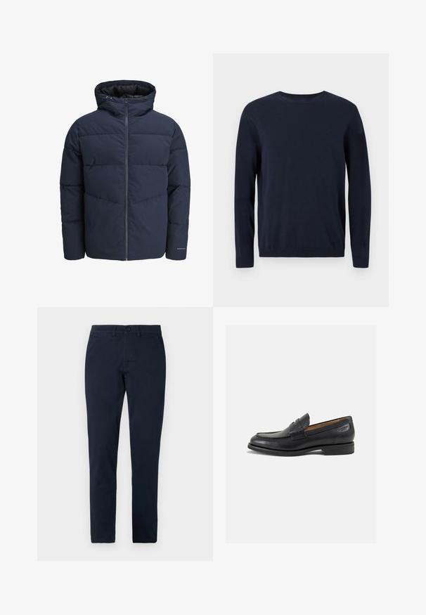 Sötétkék puffajacket kapucnival, cipzáros elülső résszel és chevron mintázattal. Texturált anyagból készült, rugalmas mandzsettákkal és logórészlettel.; Sötétkék kötött pulóver hosszú ujjal, kerek nyakkal, bordázott mandzsettával és szegéllyel. Kicsi logó található a mellkason.; Tengerés kék chinos nadrág, pamutból készült, egyenes szárú kialakítással, elülső zsebekkel, gombos záródással és diszkrét varrási részletekkel.; Fekete bőr loaferek sima felülettel, lekerekített orral és díszítő varrással a lábfejen. Alacsony, réteges sarkú és enyhe fényű.