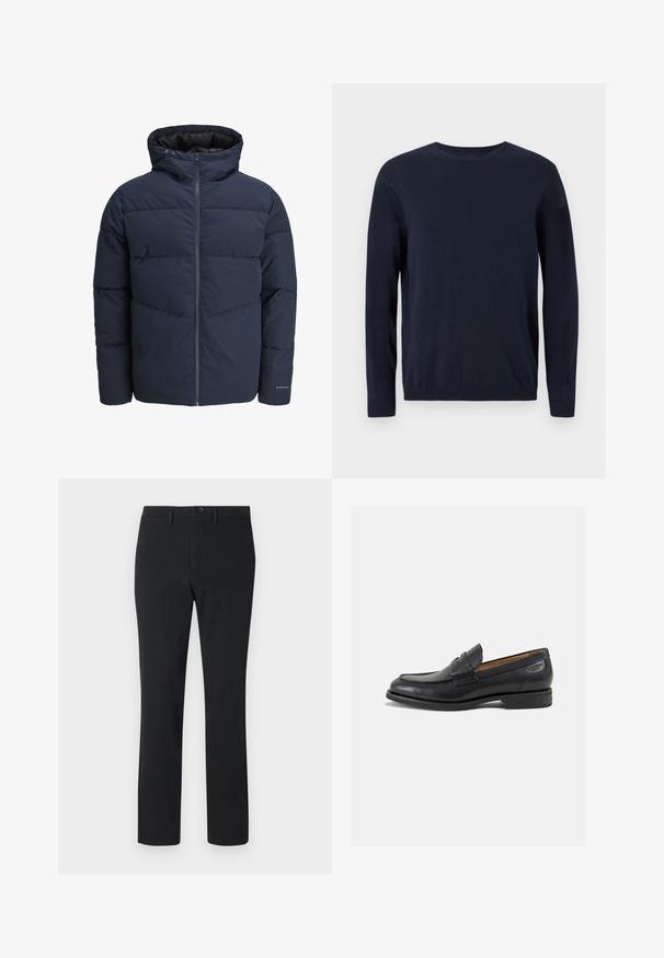 Tamsiai mėlynas pūkinis švarkas su gaubtu, užtrauktuku priekyje ir chevrono raštu. Pagamintas iš tekstūruotos medžiagos su elastinėmis rankovėmis ir logotipo detale.; Tamsiai mėlynas megztinis su ilgomis rankovėmis, apvaliu iškirpimu ir nusmukusiais rankogaliais bei apačia. Ant krūtinės yra mažas logotipas.; Juodos, tiesios kojos kelnės, pagamintos iš lygios medžiagos. Yra priekinis mygtukų užsegimas, diržo kilpos ir dvi šoninės kišenės.; Juodi odiniai loafersai su lygiu paviršiumi, apvaliu pirštu ir dekoratyvine siūlė viršuje. Žemas sustiprintas kulnas ir lengvas blizgesys.