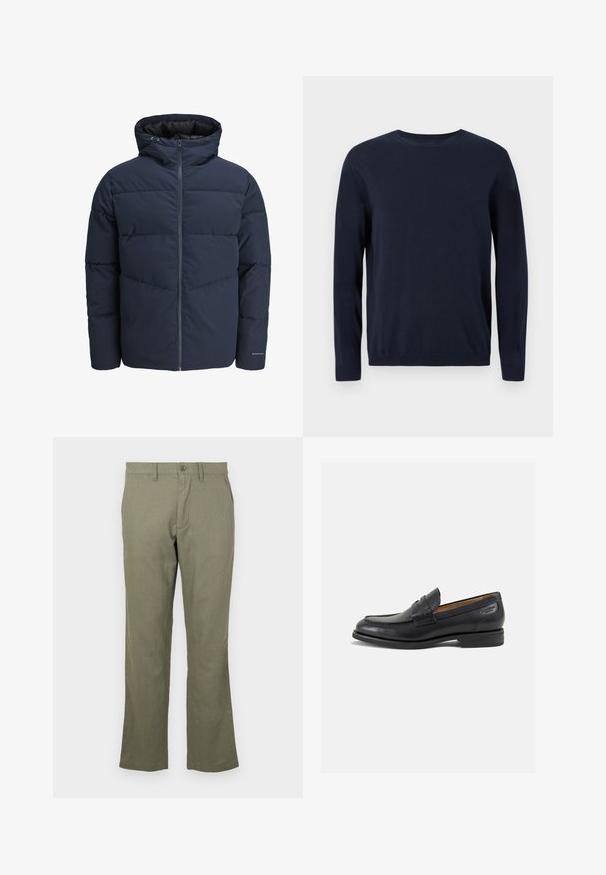 Tumesinine puhvpusa, millel on kapuuts, lukuga ees ja chevroni tikandi muster. Valmistatud tekstuursetest kangast, millel on elastsed mansetid ja logodetail.; Tumedat sinise värvi kootud sviiter pikkade varrukatega, ringkaelusega ning ribidega mansettide ja alläärega. Ees on väike logo.; Mugavad oliivrohelised püksid, mis on valmistatud pehmest kangast. Omavad sirget jalalõiget, esi-taskuid ja nööpkinni. Ei ole nähtavaid mustreid.; Mustad mustad nahast loafers, sujuva viimistlusega, ümar sirge ja dekoratiivne tikand peal. Madal ja kergelt kuhjatud konts ning kerge läige.