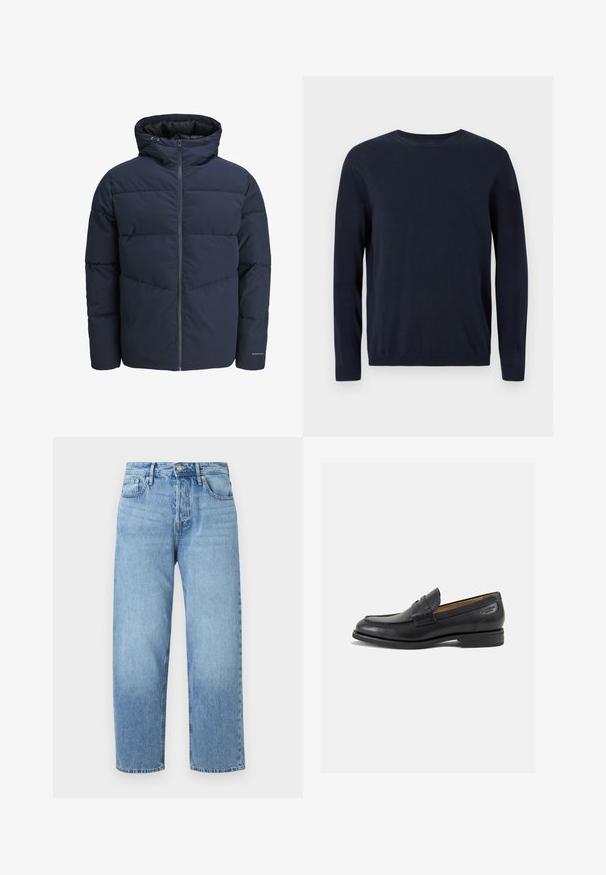 Chaqueta acolchada azul marino con capucha, cierre de cremallera y patrón de costura en forma de chevrón. Fabricada con un tejido texturizado, cuenta con puños elásticos y un detalle de logo.; Jersey de punto azul marino con mangas largas, cuello redondo y puños y dobladillo de canalé. Presenta un pequeño logotipo en el pecho.; Vaqueros de mezclilla azul claro con diseño de pierna recta, cintura alta, cinco bolsillos y un ligero desvanecimiento. Cuentan con cierre de botón y trabillas para el cinturón.; Mocasines de cuero negro con un acabado suave, punta redondeada y costuras decorativas en la parte superior. Tacón bajo apilado y un ligero brillo.