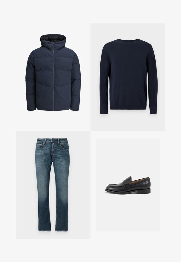 Giacca a vento blu navy con cappuccio, chiusura con zip e motivo a zig-zag. Realizzata in tessuto testurizzato con polsini elasticizzati e dettaglio del logo.; Maglione lavorato a maglia blu navy con maniche lunghe, scollatura a girocollo e polsini e orlo a coste. Presenta un piccolo logo sul petto.; Jeans in denim blu con una vestibilità dritta, lavaggio sbiadito, design a cinque tasche e cuciture a contrasto. Chiusura con bottoni e zip.; Mocassini in pelle nera con finitura liscia, punta arrotondata e cuciture decorative sulla tomaia. Tacco basso impilato e leggero lucido.