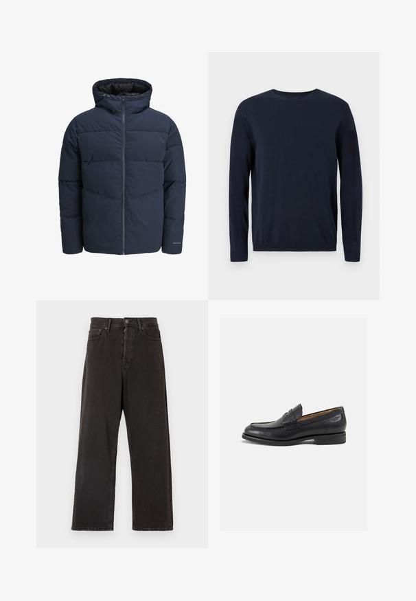 Tamsiai mėlynas pūkinis švarkas su gaubtu, užtrauktuku priekyje ir chevrono raštu. Pagamintas iš tekstūruotos medžiagos su elastinėmis rankovėmis ir logotipo detale.; Tamsiai mėlynas megztinis su ilgomis rankovėmis, apvaliu iškirpimu ir nusmukusiais rankogaliais bei apačia. Ant krūtinės yra mažas logotipas.; Juoda plati džinsinė kelnė, pagaminta iš džinsinio audinio, su mygtuko ir užtrauktuko uždarymu, diržo kilpom ir šoninėmis kišenėmis, turinčiomis lengvą tekstūrą.; Juodi odiniai loafersai su lygiu paviršiumi, apvaliu pirštu ir dekoratyvine siūlė viršuje. Žemas sustiprintas kulnas ir lengvas blizgesys.