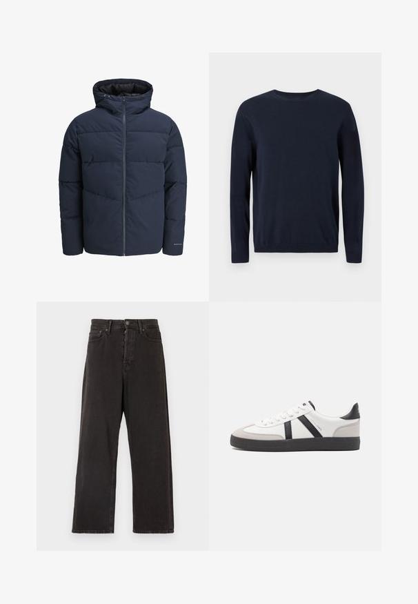 Meripihkalaavun takki hupulla, vetoketjulla ja chevron-niittykuviolla. Valmistettu teksturoidusta kankaasta, jossa on joustavat hihansuut ja logoyksityiskohta.; Tummansininen neulepaita, jossa on pitkät hihat, pyöreä kaula-aukko sekä ribbaus hihansuissa ja helmassa. Paitaa koristaa pieni logo rinnassa.; Mustat leveälahkeiset farkut, joissa on napin ja vetoketjun sulku, vyölenkit ja sivutaskut, joissa on himmeä tekstuuri.; Valkoiset lenkkarit mustilla ja harmailla yksityiskohdilla, joissa on teksturoitu harmaa kärki, musta kumipohja ja litteät valkoiset nauhat. Siisti muotoilu, minimalistinen tyyli.