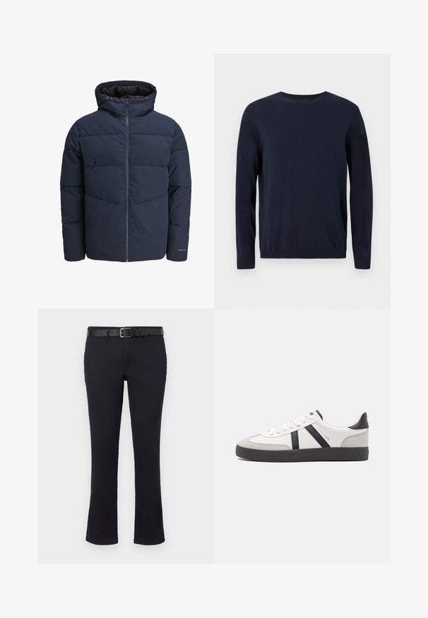 Giacca a vento blu navy con cappuccio, chiusura con zip e motivo a zig-zag. Realizzata in tessuto testurizzato con polsini elasticizzati e dettaglio del logo.; Maglione lavorato a maglia blu navy con maniche lunghe, scollatura a girocollo e polsini e orlo a coste. Presenta un piccolo logo sul petto.; Pantaloni in cotone nero con design a gamba dritta, caratterizzati da una parte anteriore piatta, passanti per cintura e una cintura in pelle nera. Texture liscia e senza motivi visibili.; Sneaker bianco con accenti neri e grigi, dotata di una punta grigia testurizzata, suola in gomma nera e lacci bianchi piatti. Design pulito, stile minimalista.