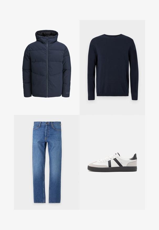 Tamsiai mėlynas pūkinis švarkas su gaubtu, užtrauktuku priekyje ir chevrono raštu. Pagamintas iš tekstūruotos medžiagos su elastinėmis rankovėmis ir logotipo detale.; Tamsiai mėlynas megztinis su ilgomis rankovėmis, apvaliu iškirpimu ir nusmukusiais rankogaliais bei apačia. Ant krūtinės yra mažas logotipas.; Mėlyni džinsai su tiesiu kirpimu, klasikinis penkių kišenių dizainas, vario siuvinėjimas ir išblukusi spalva, suteikianti dėvėto įvaizdžio.; Balti sportbačiai su juodais ir pilkais akcentais, pasižymintys tekstūruotu pilku pirštų dangteliu, juoda gumine padais ir plokščiomis baltomis raišteliais. Švarus dizainas, minimalistinis stilius.