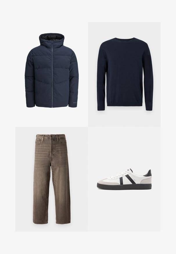Granatowa kurtka puchowa z kapturem, zapinana na zamek, z wzorem w zygzak. Wykonana z teksturowanej tkaniny, z elastycznymi mankietami i detalem z logo.; Granatowy sweter robiony na drutach z długimi rękawami, okrągłym dekoltem oraz ściągaczami na mankietach i u dołu. Posiada małe logo na piersi.; Czekoladowe dżinsy o szerokich nogawkach wykonane z denimu. Posiadają zamek błyskawiczny, szlufki na pasek oraz pięć kieszeni. Tkanka ma wyblakły, teksturowany wygląd.; Białe sneakersy z czarnymi i szarymi akcentami, z teksturowanym szarym czubkiem, czarną gumową podeszwą i płaskimi białymi sznurowadłami. Czysty design, minimalistyczny styl.