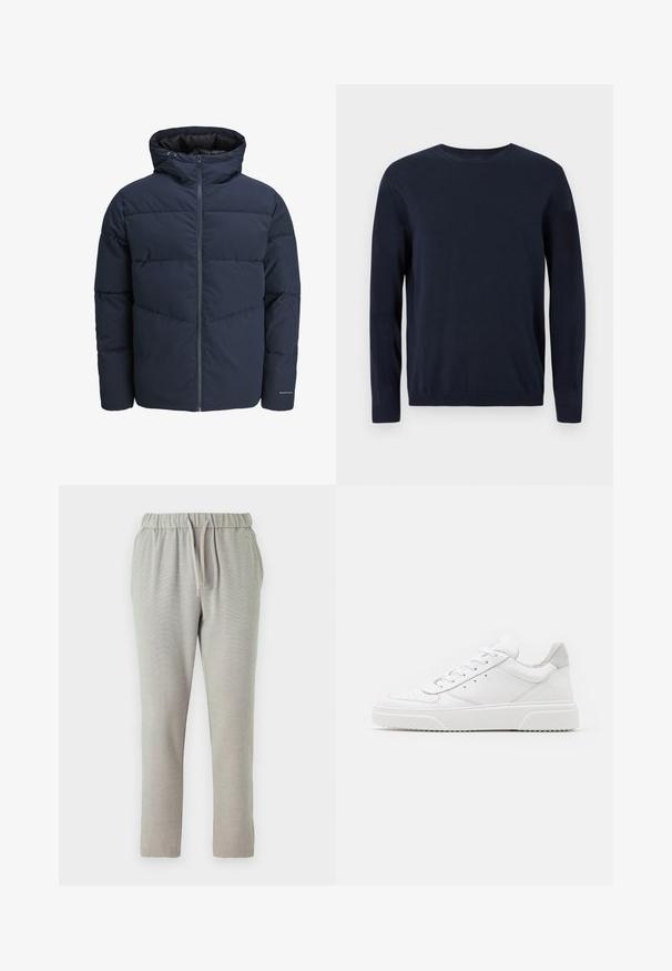 Tumesinine puhvpusa, millel on kapuuts, lukuga ees ja chevroni tikandi muster. Valmistatud tekstuursetest kangast, millel on elastsed mansetid ja logodetail.; Tumedat sinise värvi kootud sviiter pikkade varrukatega, ringkaelusega ning ribidega mansettide ja alläärega. Ees on väike logo.; Heledhall hallid, millel on elastne vöökoht koos nööriga, kitsenevad jalad ja tekstureeritud kangas lisamugavuse jaoks.; Valged nahast spordijalatsid siledast nahast viimistlusega, ümarate varvastega, lamekestega ja tekstuuriga tallaga. Hall suede aktsent kanna juures.