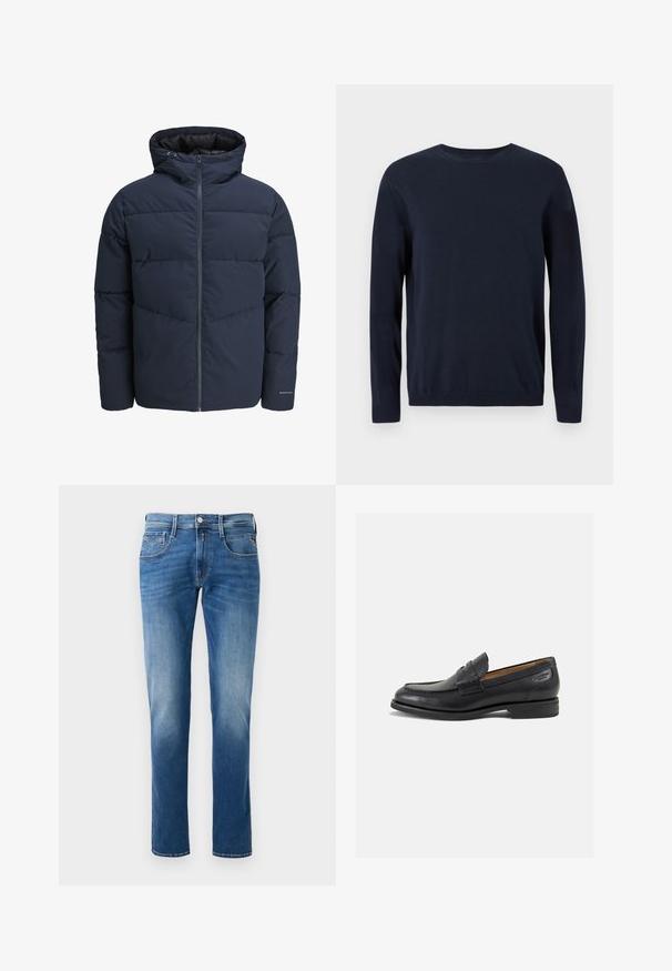 Chaqueta acolchada azul marino con capucha, cierre de cremallera y patrón de costura en forma de chevrón. Fabricada con un tejido texturizado, cuenta con puños elásticos y un detalle de logo.; Jersey de punto azul marino con mangas largas, cuello redondo y puños y dobladillo de canalé. Presenta un pequeño logotipo en el pecho.; Jeans de denim azul para hombres con un lavado desgastado, diseño de pierna recta, cinco bolsillos y cierre de botón delantero. Detalles de costura en los bolsillos.; Mocasines de cuero negro con un acabado suave, punta redondeada y costuras decorativas en la parte superior. Tacón bajo apilado y un ligero brillo.