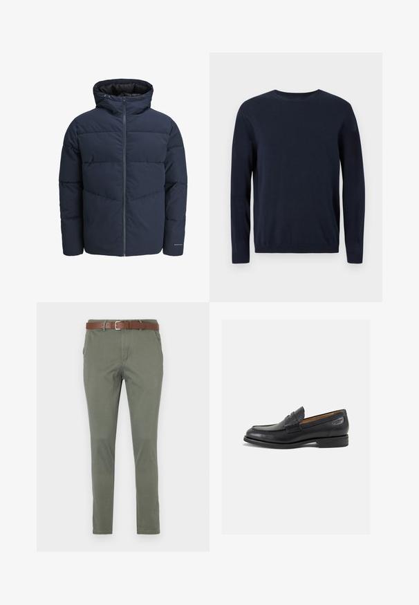 Veste en duvet navy avec capuche, fermeture éclair à l'avant et motif de piqûre en chevrons. Fabriquée en tissu texturé avec des poignets élastiques et un détail de logo.; Pull en maille bleu marine à manches longues, col rond, avec des poignets et un ourlet côtelés. Présente un petit logo sur la poitrine.; Chinos vert olive avec une coupe droite, dotés d'une ceinture en cuir marron, de poches latérales et d'un tissu légèrement texturé.; Mocassins en cuir noir avec une finition lisse, bout rond et coutures décoratives sur la tige. Talon bas empilé et léger brillant.